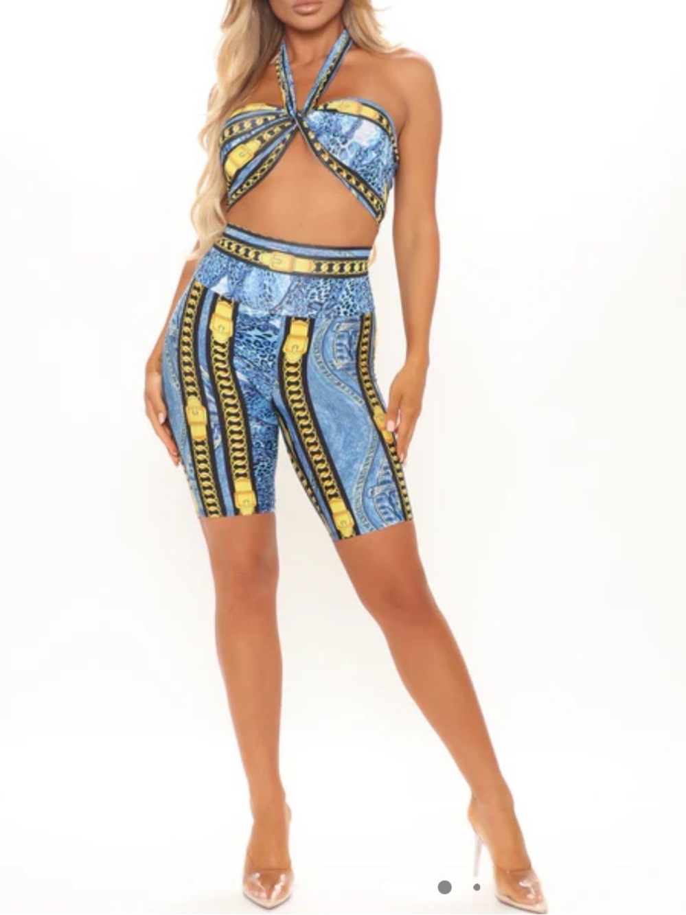 Fashion nova Blue & Yellow Printed High-Waist top & shorts set